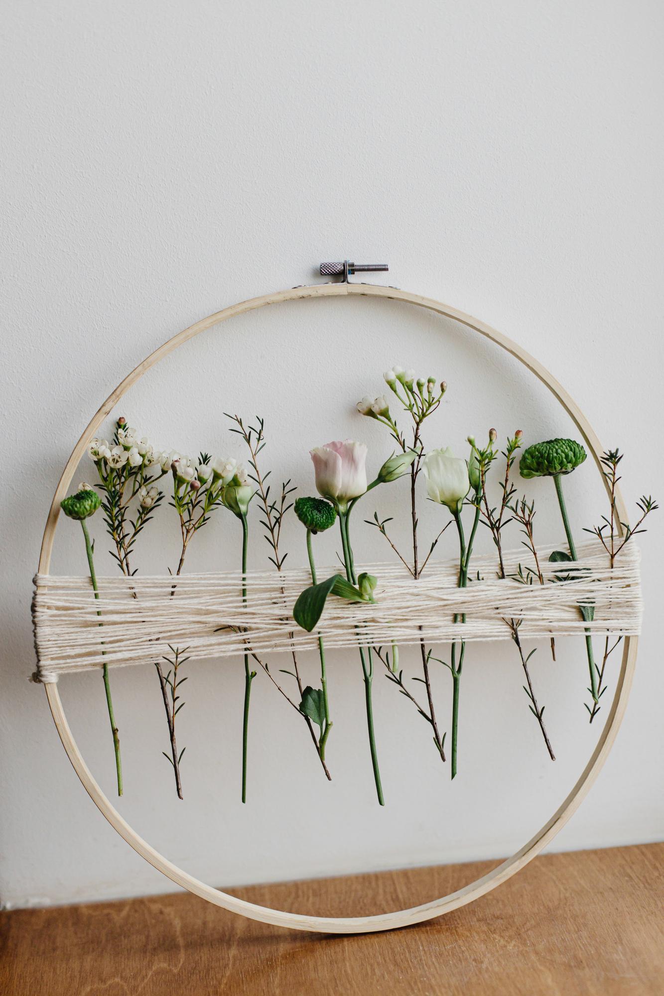 Studio interior with embroidery hoops on table